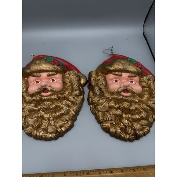 Vintage Plastic Santa Face Wall Plaques Gold Beard Christmas Decorations Pair - Picture 1 of 6